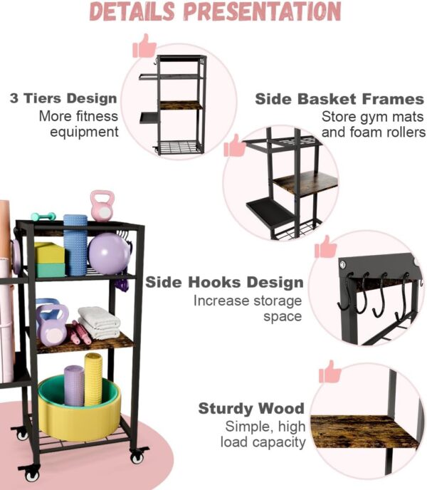 Yoga Mat Storage Rack with Wheels, 3 Tier Home Gym Workout Equipment Organizer for Dumbbells, Kettlebells, Foam Rollers