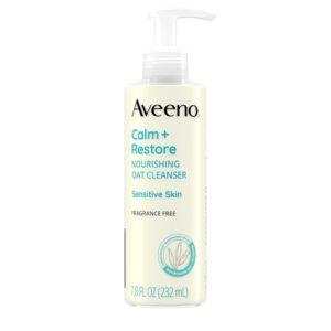 Aveeno Calm + Restore Facial Cleanser for Sensitive Skin, Hydrating Gentle Milky Face Cleanser with Nourishing Oat and Feverfew, Hypoallergenic Formula, Fragrance Free, 7.8 FL OZ