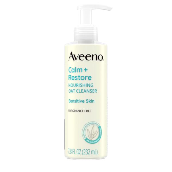 Aveeno Calm + Restore Facial Cleanser for Sensitive Skin, Hydrating Gentle Milky Face Cleanser with Nourishing Oat and Feverfew, Hypoallergenic Formula, Fragrance Free, 7.8 FL OZ