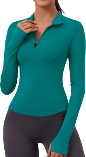 LOMON Womens Long Sleeve Workout Tops Quick Dry Quarter Zip Pullover Crop Yoga Athletic Slim Fit Shirts