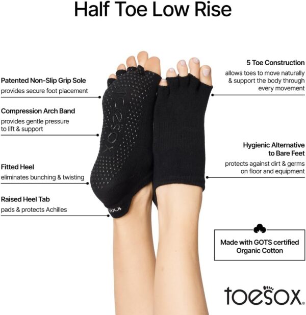 toesox Women's Low Rise Half Toe Grip Non-Slip for Ballet, Yoga, Pilates, Barre Toe Socks
