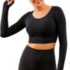 ECUPPER Women Long Sleeve Workout Tops Backless Yoga Gym Shirts Athletic Crop Top with Built in Bra for Fitness Sports