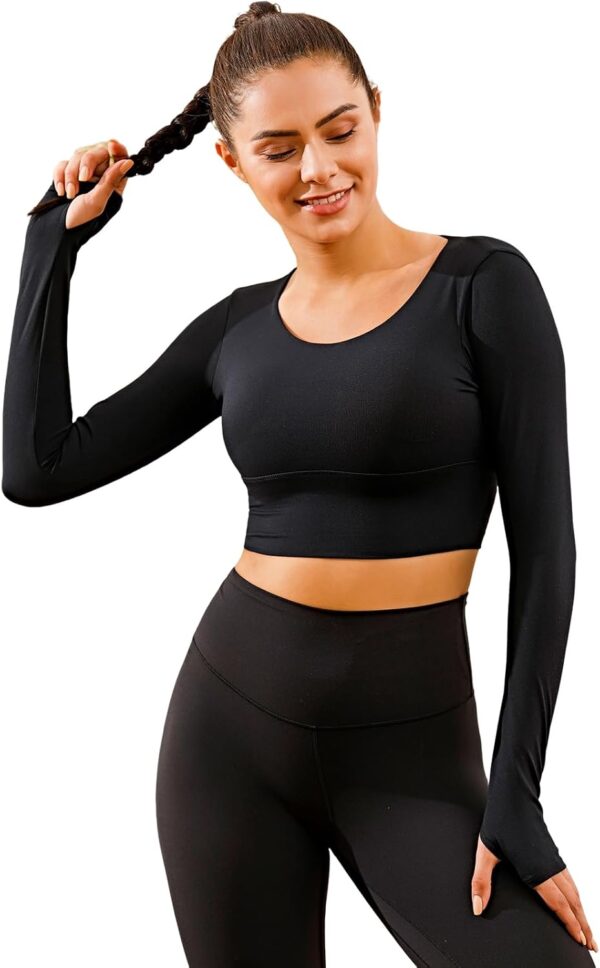 ECUPPER Women Long Sleeve Workout Tops Backless Yoga Gym Shirts Athletic Crop Top with Built in Bra for Fitness Sports