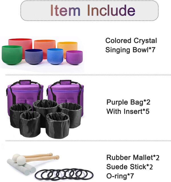 Set Of 7 PCS 440HZ 6-12 Inch Colored Frosted Chakra Quartz Crystal Singing Bowls Sound Healing Instrument with 2 PCS Travel Carry Case Bag for Meditation
