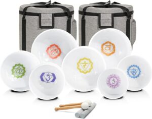 432HZ 7-12 Inch Chakra Symbol Design Frosted Quartz Crystal Singing Bowl with 2 PCS Travel Carry Case Bag for Sound Healing