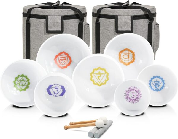 432HZ 7-12 Inch Chakra Symbol Design Frosted Quartz Crystal Singing Bowl with 2 PCS Travel Carry Case Bag for Sound Healing