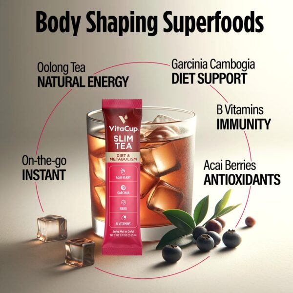 VitaCup Slim Instant Tea Packets for Diet Support, Oolong Tea w/B Vitamins, Garcinia, Inulin & Acai, On-The-go Instant Sticks, 24 Ct