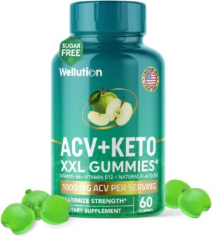 WELLUTION XXL Keto ACV Gummies: 1,000 mg, Sugar-Free, 60 Count, Aiding Digestion & Detox, Boosting Metabolism, Weight Loss Support, Apple-Flavored for Men & Women
