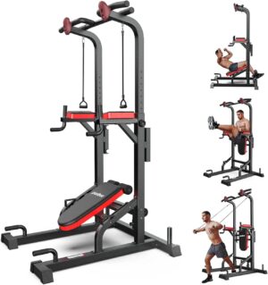 Pooboo Power Tower Dip Station, Pull Up Bar Stand for Fitness Home Gym Workout, Pull Up Dip Station, Multi-Function Power Tower Pull Up Bar,Adjustable Strength Training Fitness Equipment