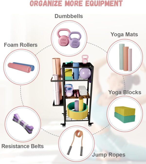 Yoga Mat Storage Rack with Wheels, 3 Tier Home Gym Workout Equipment Organizer for Dumbbells, Kettlebells, Foam Rollers