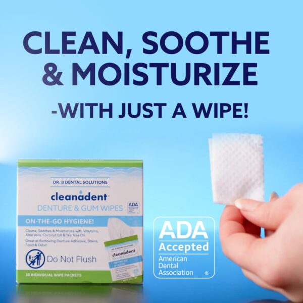 Dr. B Dental Solutions Cleanadent Wipes - Convenient Denture Cleaning Wipes, Refreshes Gums, No Artificial Colors/Flavors - 30 Pack