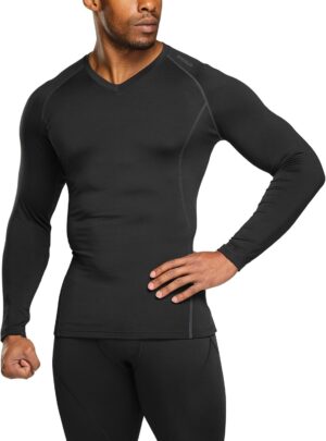 TSLA Men's Thermal V-Neck Long Sleeve Compression Shirts, Athletic Base Layer Top, Winter Gear Running T-Shirt