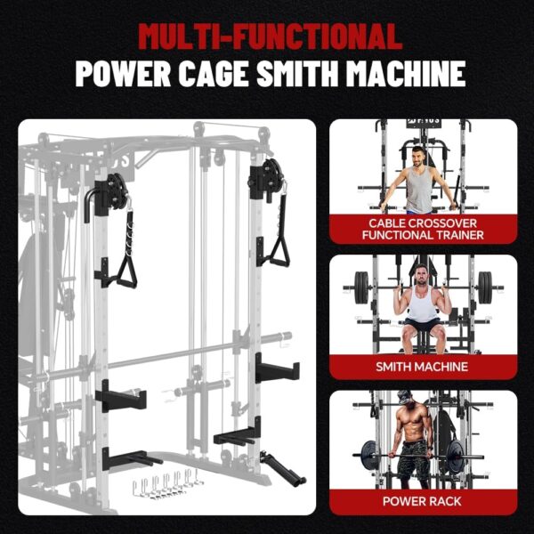All in One Home Gym System Workout Station, Multi-Function Smithe Machine Power Cage with Cable Crossover System, Tripe-Sided Independent Load Posts, Functional Trainer for Full Body Training