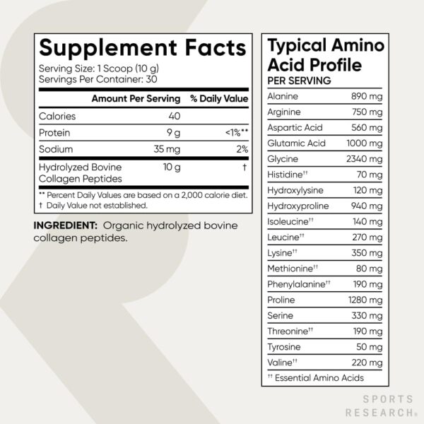 Sports Research­® Organic Collagen Peptides - Hydrolyzed Type I & III Collagen Protein Powder Made Sustainably from Grass-Fed Cows - Unflavored - 30 Servings