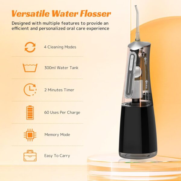 Water Dental Flosser Teeth Pick Cordless Oral Irrigator with 300ml 5 Tips 4 Modes USBCharger Portable Travle Irrigation Cleaner IPX7 Electric Irrigador Dental for Teeth Cleaning (Black)