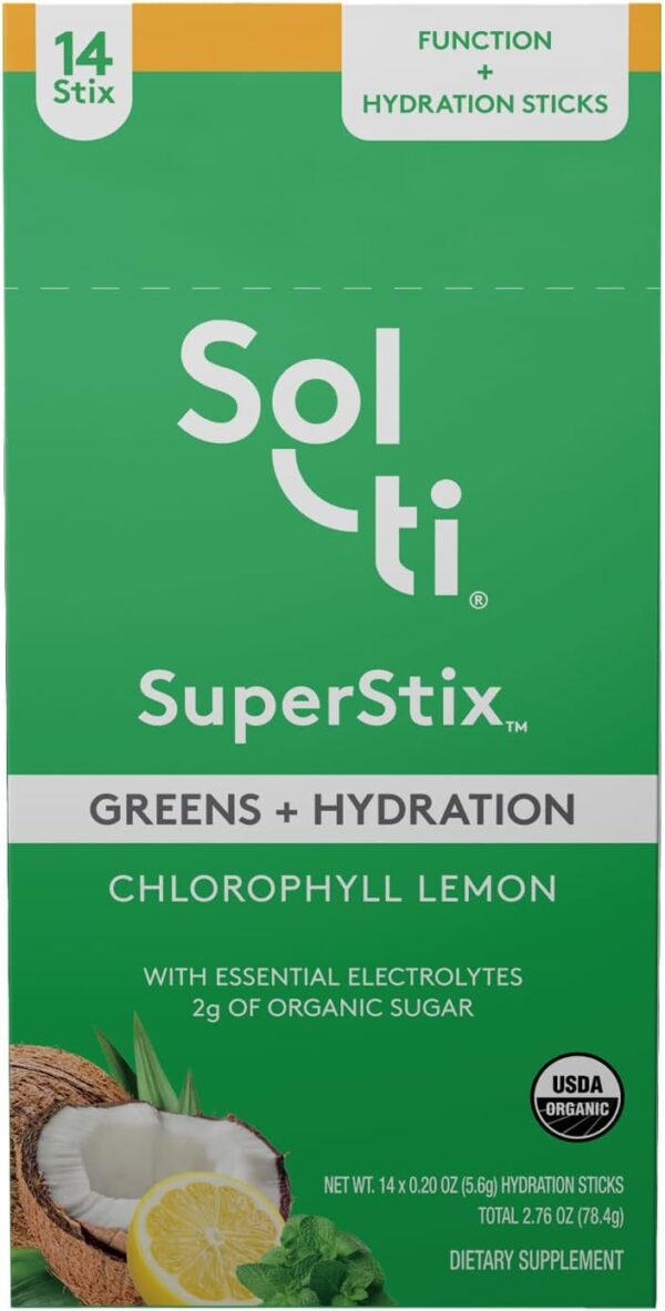 Sol-ti Organic Electrolyte Greens + Hydration Drink Mix, Superfood Hydration Sticks, SuperStix, Non-GMO, Vegan, Chlorophyll Lemon, 14 Sticks
