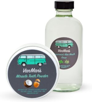 Vanman's - Oral Mouth Care Kit with Powder Toothpaste (2.5 Ounce) and Oral Rinse Mouthwash (8 Ounce) - Aloe, Mint Remineralizing Mouthwash and Tooth Powder with Coconut Charcoal, Egg Shell Powder