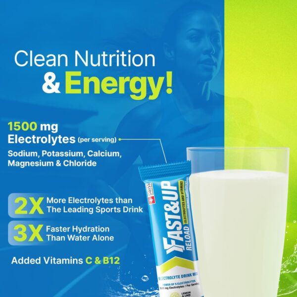 FAST&UP Reload – Lemon & Lime - Refreshing Electrolyte Drink Mix | Hydration Powder Packets | 1500 mg Electrolytes + Vitamins C & B12 | Easy to Open Single Serving Pack | 15 Servings