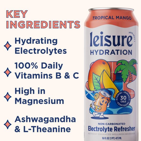 Leisure Project Electrolyte Refresher, Tropical Mango (16oz Cans, 12 Pack) Mango Hydration Drink w/Magnesium & Ashwagandha For Mood & Stress Support, Low Sugar Drink w/Real Fruit, Vitamins & Minerals