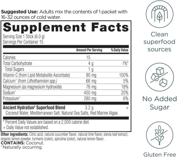 Ancient Nutrition Rapid Hydration Powder, Lemon Lime, Electrolytes from Natural Sea Salts and Red Marine Algae, Supports Rapid Body Hydration and Cellular Health, 15 Servings