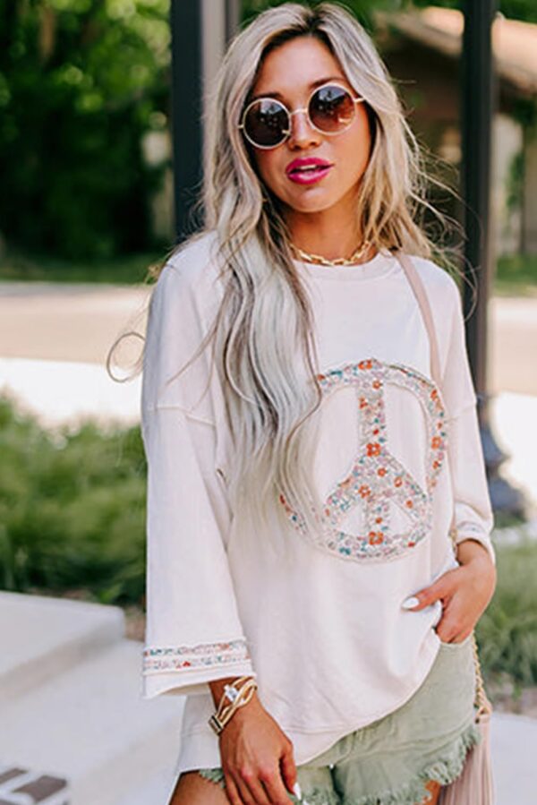 KevaMolly Womens Long Sleeve Tops Floral Peace Symbol Drop Shoulder Sweatshirt Crewneck Casual Pullover Top