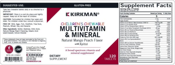 61BW-E8grtL._AC_SL1200_.jpg Kirkman - Children's Chewable Multivitamin & Mineral - 120 Tablets - Potent Broad-Spectrum Vitamin/Mineral Supplement - with Xylitol - Natural Mango Peach Flavor