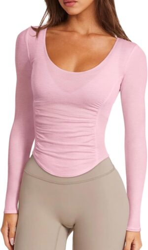LASLULU Womens Active Long Sleeve Workout Tops Scoop Neck Athletic Yoga Gym Running Shirts Tops Cutout