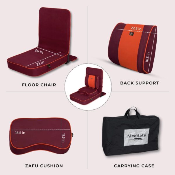 Friends Of Meditation Extra Large Meditation Chair and Yoga Chair with Back Support Cushion and Meditation Block | Yoga Chair for Adults | Premium Floor Chair | Portable | Maroon, Seat Size: 24x22 in
