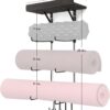 Bikoney Yoga Mat Holder Wall Mount Yoga Mat Storage Home Gym Accessories with Wood Floating Shelves and 4 Hooks for Hanging Foam Roller and Resistance Bands at Fitness Class or Home Gym Vintage Black