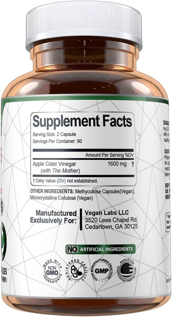 Vegan Labs Apple Cider Vinegar Capsules with The Mother- 180 Vegan Capsules, 1600MG Per Serving- 100% Natural ACV Pills- Supports Healthy Digestion, Keto, Weight Management, Detox, and Immune System