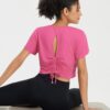 BALEAF Women's Open Back Workout Tops Short Sleeve Crop Yoga Shirts Lightweight Athletic Gym Exercise T-Shirts