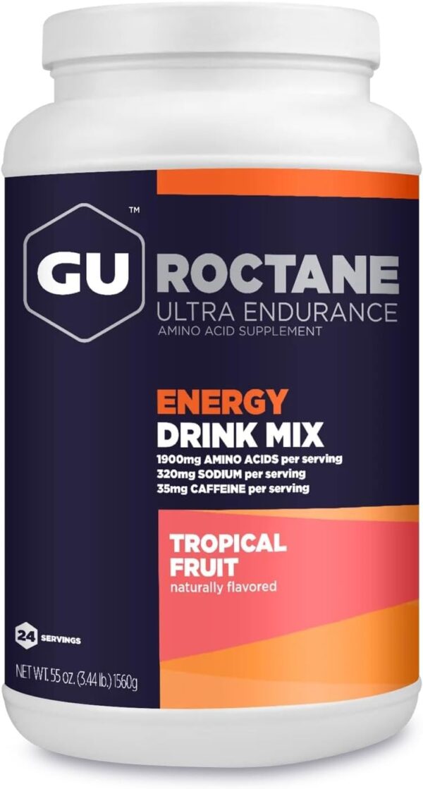 GU Energy Roctane Ultra Endurance Energy Drink Mix, Vegan, Gluten-Free, Kosher, 35mg of Caffeine, and Dairy-Free n-the-Go Energy for Any Workout, 3.44-Pound Jar, Tropical Fruit