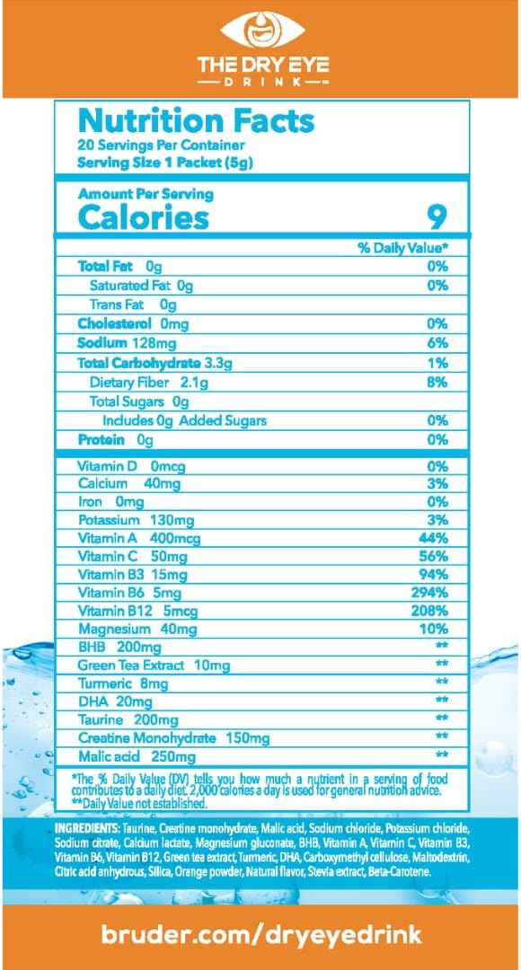 l Ultimate Hydration for Dry Eyes l Sugar-Free Electrolyte Powder Packets l Blended with Vitamins, Green Tea, Turmeric, Taurine, and DHA l 5g x 20 Packets (Orange)