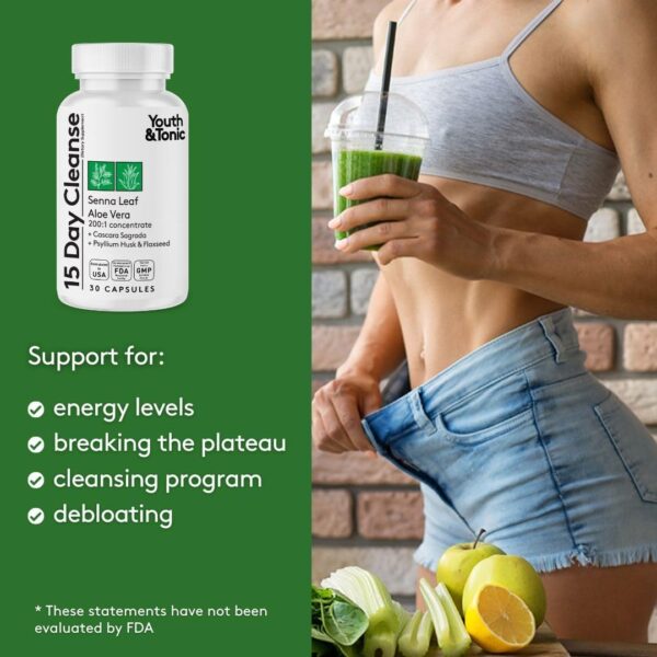 Youth & Tonic 15 Day Cleanse: Gut Health and Colon Detox to Break The Plateau, Helps with Belly Bloat, Regularity, and for Feeling Lighter and More Energized for Men & Women, Made in USA, 30 Pills