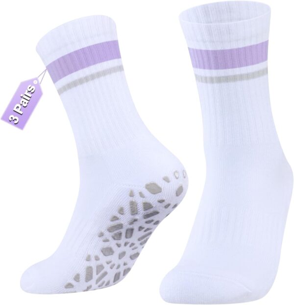 YUEDGE Yoga Pilates Socks for Women, Cushioned Grip Socks Non Slip Crew Workout Training Athletic Socks, 3 Pairs