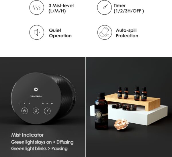 Waterless Diffuser Essential Oil 100mL Capacity Scent Air Machine for Home Aromatherapy Nebulizer Premium Metal Battery Operated 3 Mist Settings Timers Color Light AN3 Black