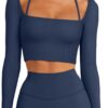 LASLULU Womens Sexy Square Neck Crop Top Ribbed Seamless Long Sleeve Workout Tops Halter Neck Athletic Yoga
