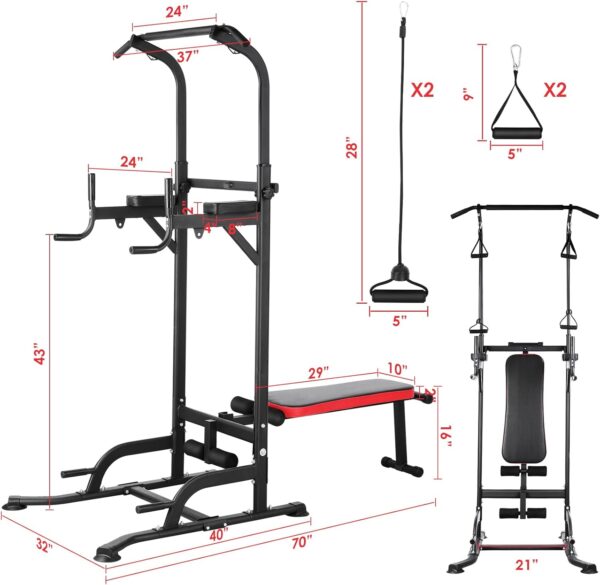 Arlopu Power Tower with Bench, Pull Up Bar Stand, Dip Bar w/Folding Bench 4 Ropes Strength Training, Multi-Function Fitness Equipment for Home Gym, Adjustable Heights and Angles Dip Station, 400LBS