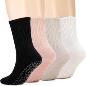 Non-Slip Pilates Yoga Socks with Grips for Womens -Ballet Barre Workout Anti Skid Athletic Crew Sock 4 Pack