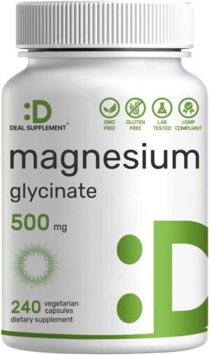DEAL SUPPLEMENT Magnesium Glycinate 500mg, 240 Veggie Capsules | Chelated for Easy Absorption | Highly Purified Essential Trace Mineral for Muscle, Joint, Heart, & Digestive Health