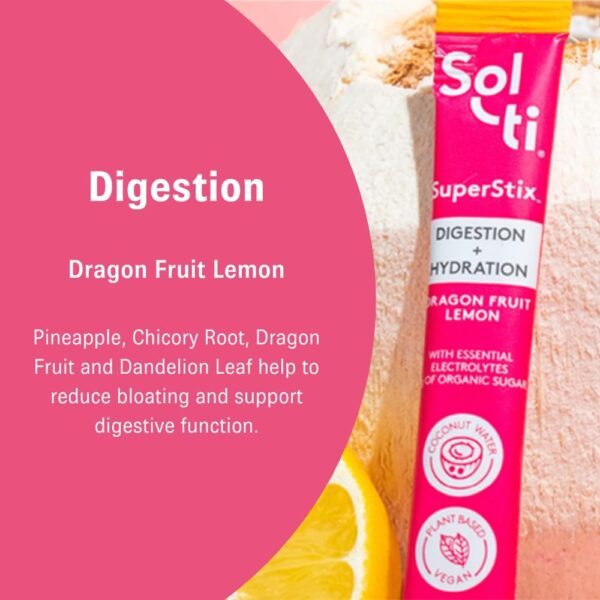 Sol-ti Organic Electrolyte Digestion + Hydration Drink Mix, Superfood Hydration Sticks, SuperStix, Non-GMO, Vegan, Dragon Fruit Lemon, 14 Sticks