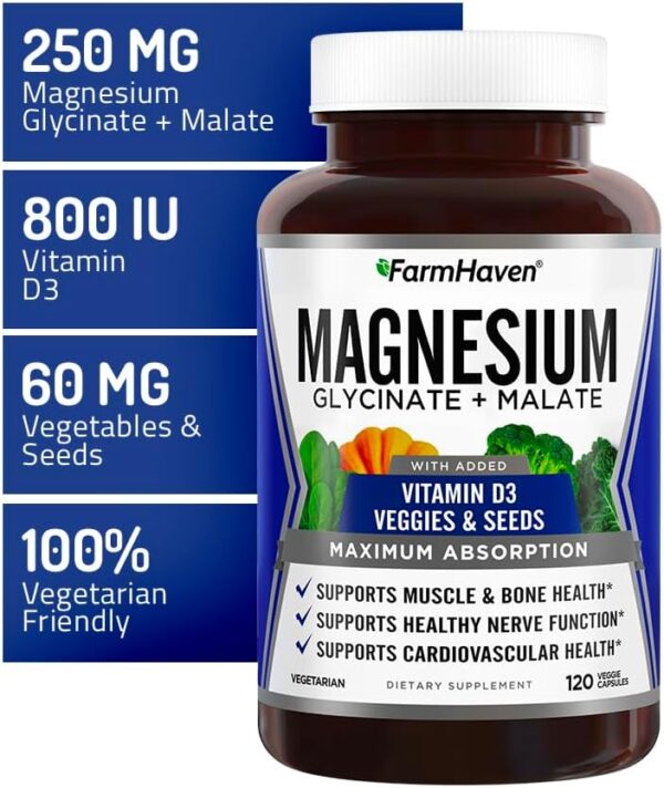 FarmHaven Magnesium Glycinate & Malate Complex w/Vitamin D3, 100% Chelated for Max Absorption, Vegetarian – Bone Health, Nerves, Muscles, 120 Capsules, 60 Days