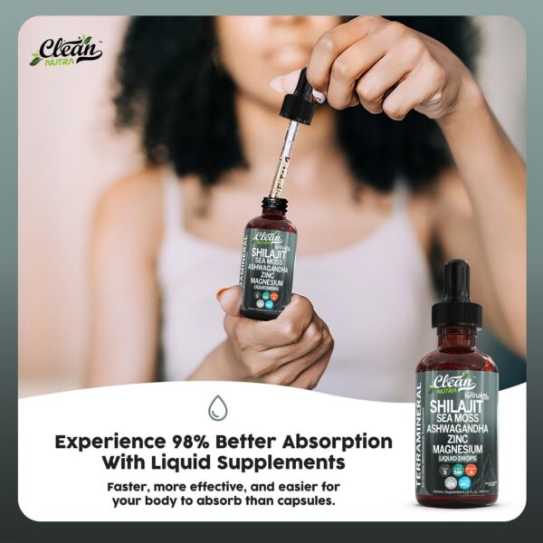 Shilajit Liquid Drops with Sea Moss, Ashwagandha, Zinc, Magnesium, Liquid Vitamins for Women and Men - Terra Mineral by Clean Nutra