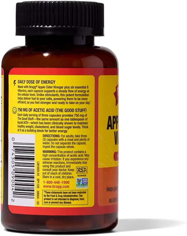 Bragg Energy Apple Cider Vinegar Capsules with B Vitamins - 90 Capsules - Helps Generate Energy at Cellular Level