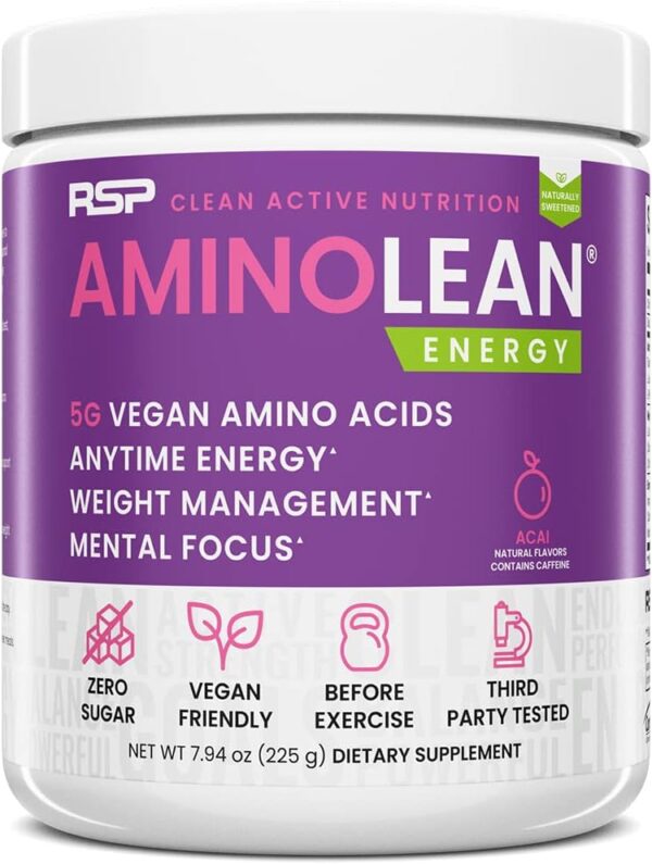 RSP AminoLean - All-in-One Natural Pre Workout, Amino Energy, Weight Management - Vegan BCAAs, Preworkout for Men & Women, Acai, 25 Serv
