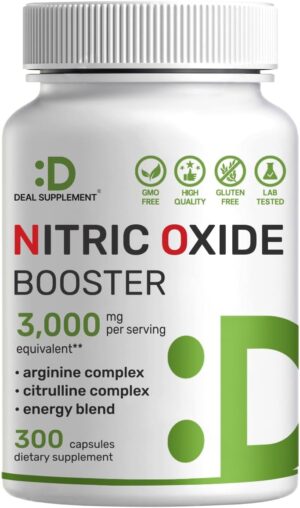 Nitric Oxide Booster 3,000mg Per Serving, 300 Capsules – 12 in 1 Nitric Oxide Supplement – Arginine & Citrulline Complex with Energy Blend – Marshmallow Root – Promotes Nutrient Flow to Muscles &Heart