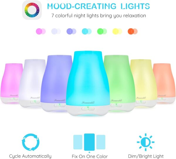 Homeweeks Diffusers, 100ml Colorful Essential Oil Diffuser with Adjustable Mist Mode, Auto Off Aroma for Bedroom/Office/Trip (100 ML 1 Pack)