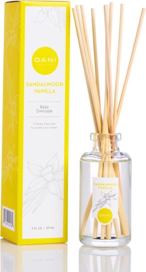 Natural Reed Diffuser Set by DANI Naturals - Warm Sandalwood Vanilla Scent - Aromatherapy Essentials Oils - Alcohol Free - 10 Diffuser Sticks - 3.5 Ounce Glass Bottle