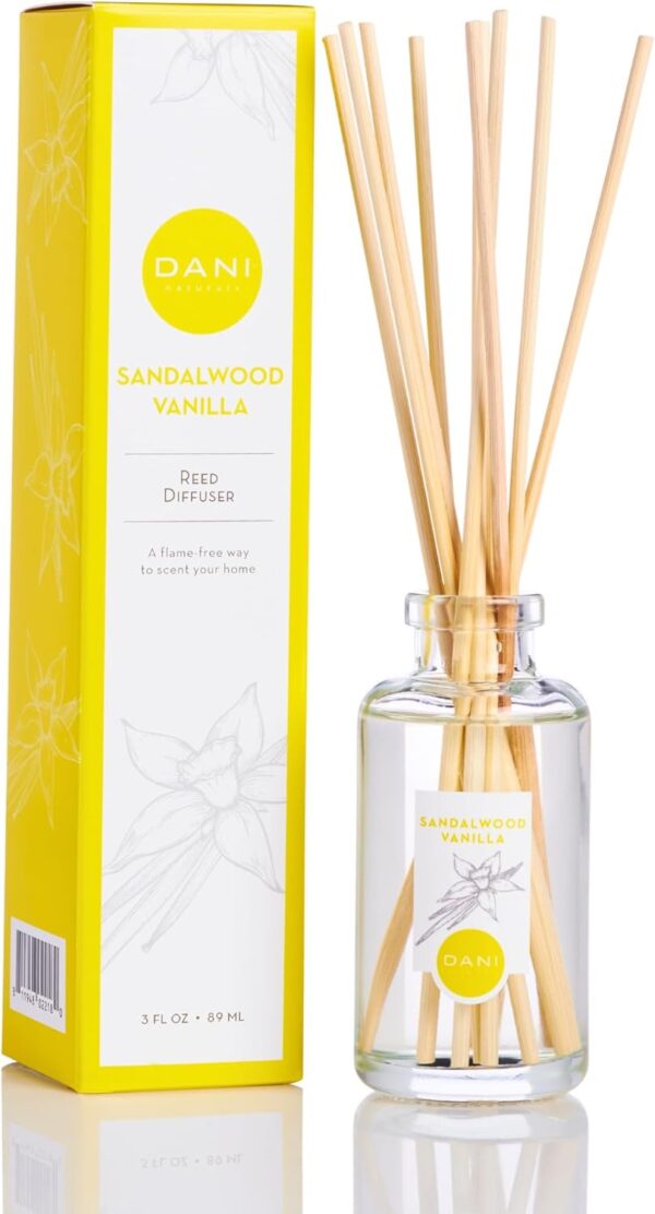Natural Reed Diffuser Set by DANI Naturals - Warm Sandalwood Vanilla Scent - Aromatherapy Essentials Oils - Alcohol Free - 10 Diffuser Sticks - 3.5 Ounce Glass Bottle