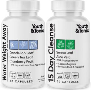 Youth & Tonic Jumpstart Cleanse – Water Weight Away Pills & 15 Day Colon Detox & Gut Cleanser for Bloating, Energy, and Metabolism Support – Aids in Shedding Excess Fluids for a Lighter Body – 90 Caps